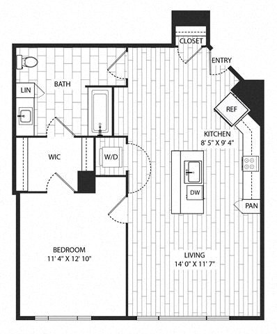 Floor plan for 1 bed, 1 bath, 781 sqft